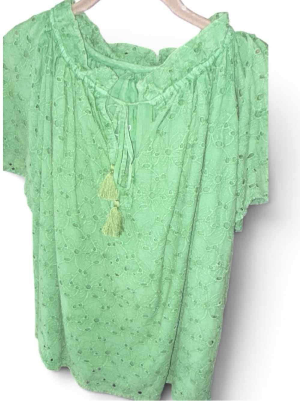 Kyla Seo Mint Green Eyelet Peasant Blouse with Tassel Tie